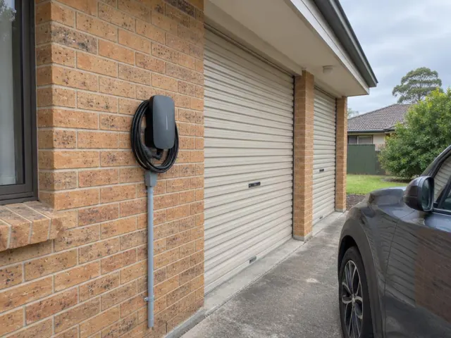 Wall-mounted EV charger on a brick garage wall beside a driveway in Tenambit
