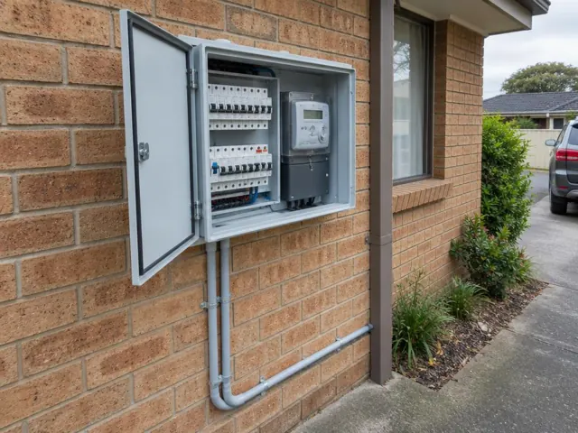 Exterior brick wall with an open upgraded switchboard cabinet and meter box in a driveway in Tenambit